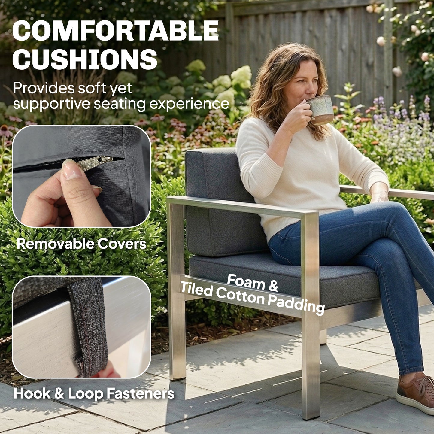 4 Piece Garden Sofa Set | Loveseat | 2 Armchairs | Coffee Table | 10cm Olefin Cushions | Brushed Aluminium | Wood Effect Table | 240kg | Dark Grey
