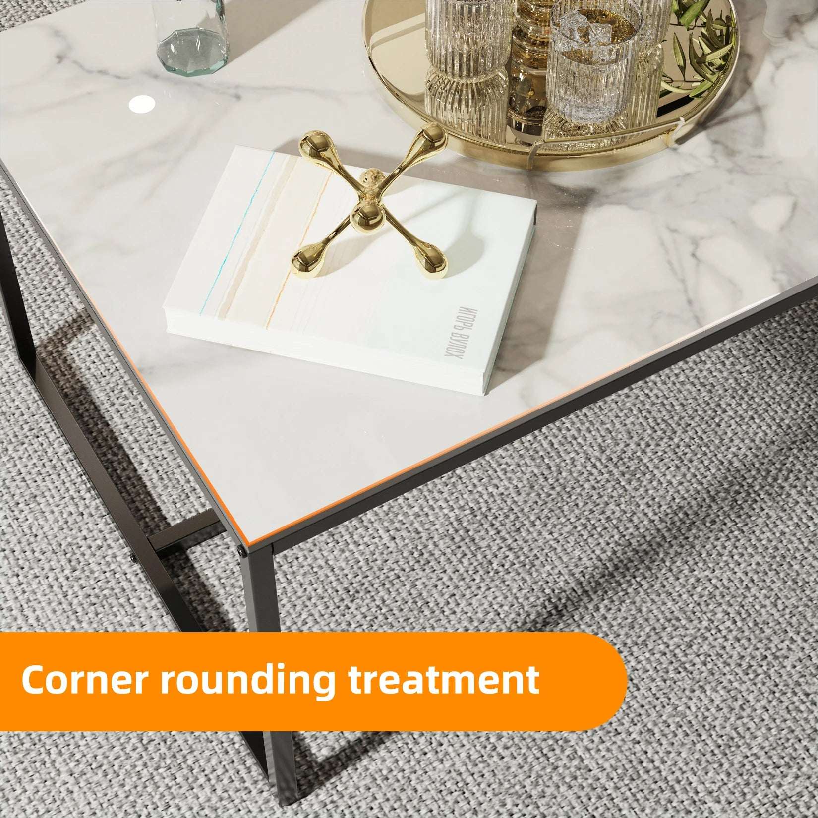 Natural Sintered Stone Sofa Centre Coffee Table With Black Metal Frame - Rectangular Furniture Decor Table for Living Room