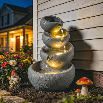 4-Tier Resin Waterfall Fountain | Weathered Stone Look | Warm White LED Lights | 3-Speed Pump | 10-12L | 230V | UK Plug | 3m Cable | 35x32x50cm | Garden Patio Indoor & Outdoor | Mixed Colour