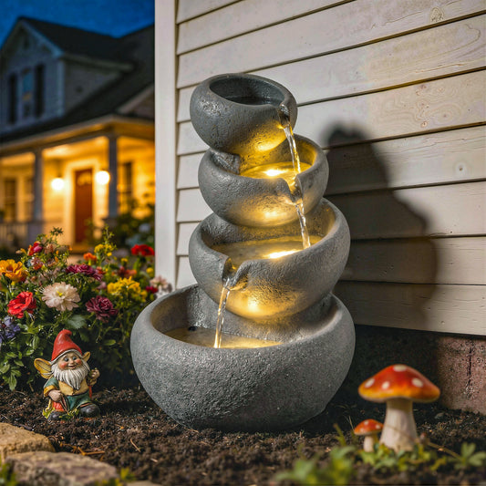 4-Tier Resin Waterfall Fountain | Weathered Stone Look | Warm White LED Lights | 3-Speed Pump | 10-12L | 230V | UK Plug | 3m Cable | 35x32x50cm | Garden Patio Indoor & Outdoor | Mixed Colour