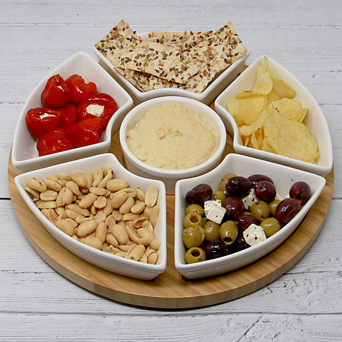 Maison & White Bamboo Lazy Susan Dip Set | 6 Removable White Ceramic Bowls | 360° Rotating Snack Server | 30.5cm