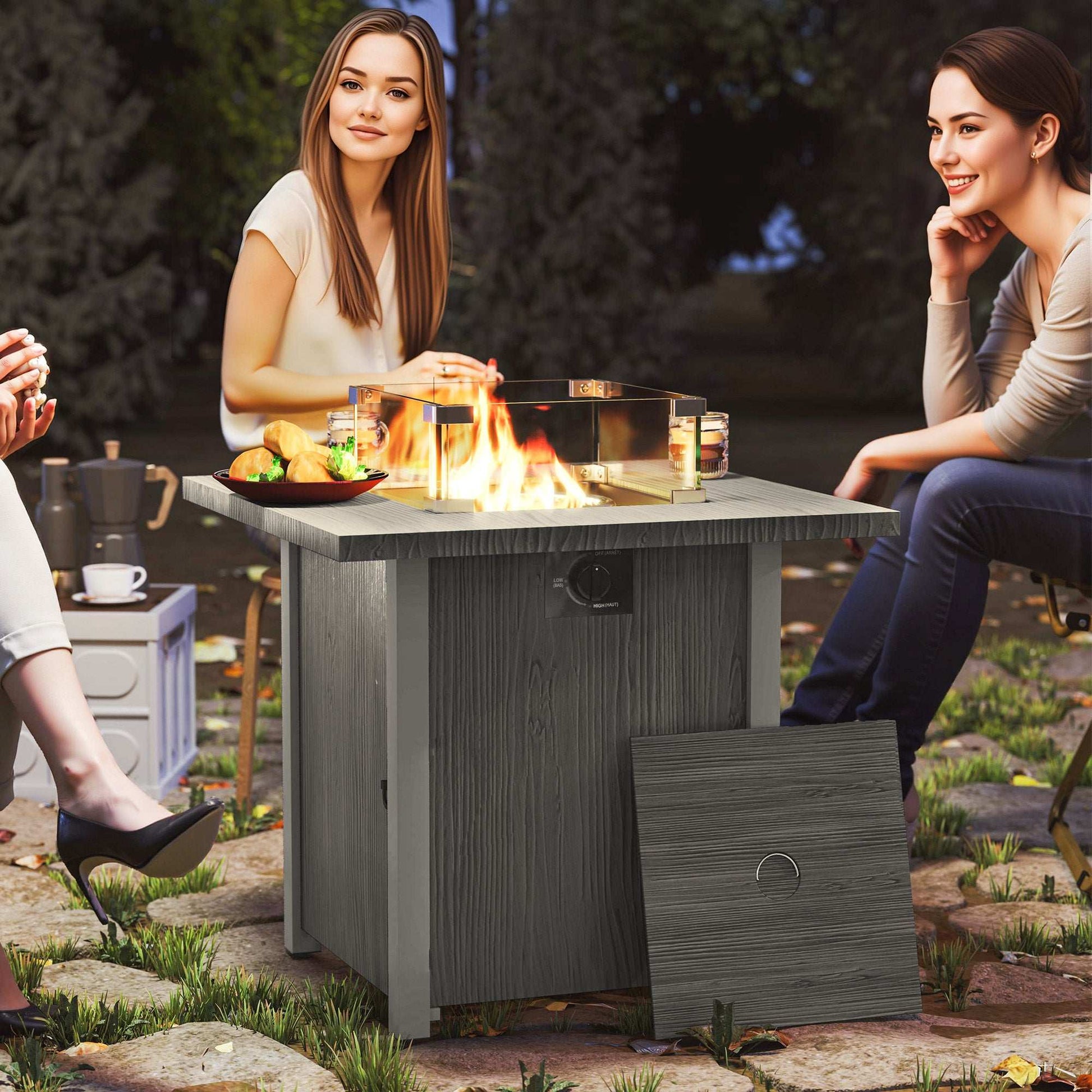 Outsunny 71cm 50,000 BTU Gas Fire Pit Table with Cover and Glass Screen - Dark Grey