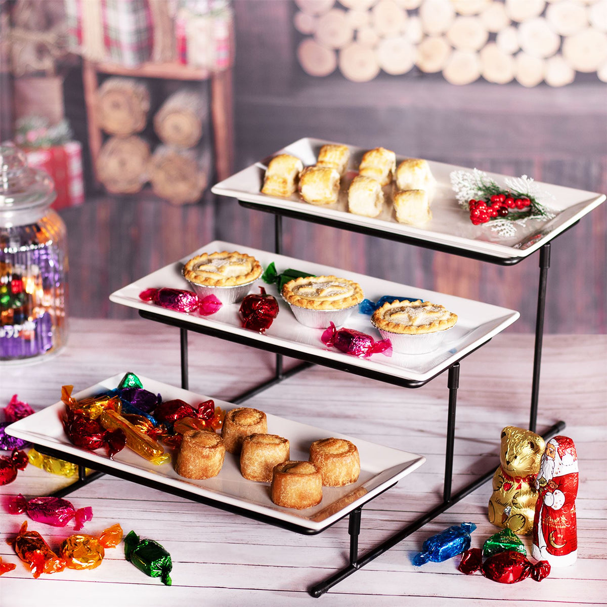 Maison & White 3 Tier Serving Stand with Ceramic Platter Plates | 37x27.5x20cm Stand | 3x Platters 29x15.5cm | Coated Iron Frame | Adjustable Angle | Fridge Safe | Fragile | 2-Year Warranty