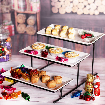 Maison & White 3 Tier Serving Stand with Ceramic Platter Plates | 37x27.5x20cm Stand | 3x Platters 29x15.5cm | Coated Iron Frame | Adjustable Angle | Fridge Safe | Fragile | 2-Year Warranty