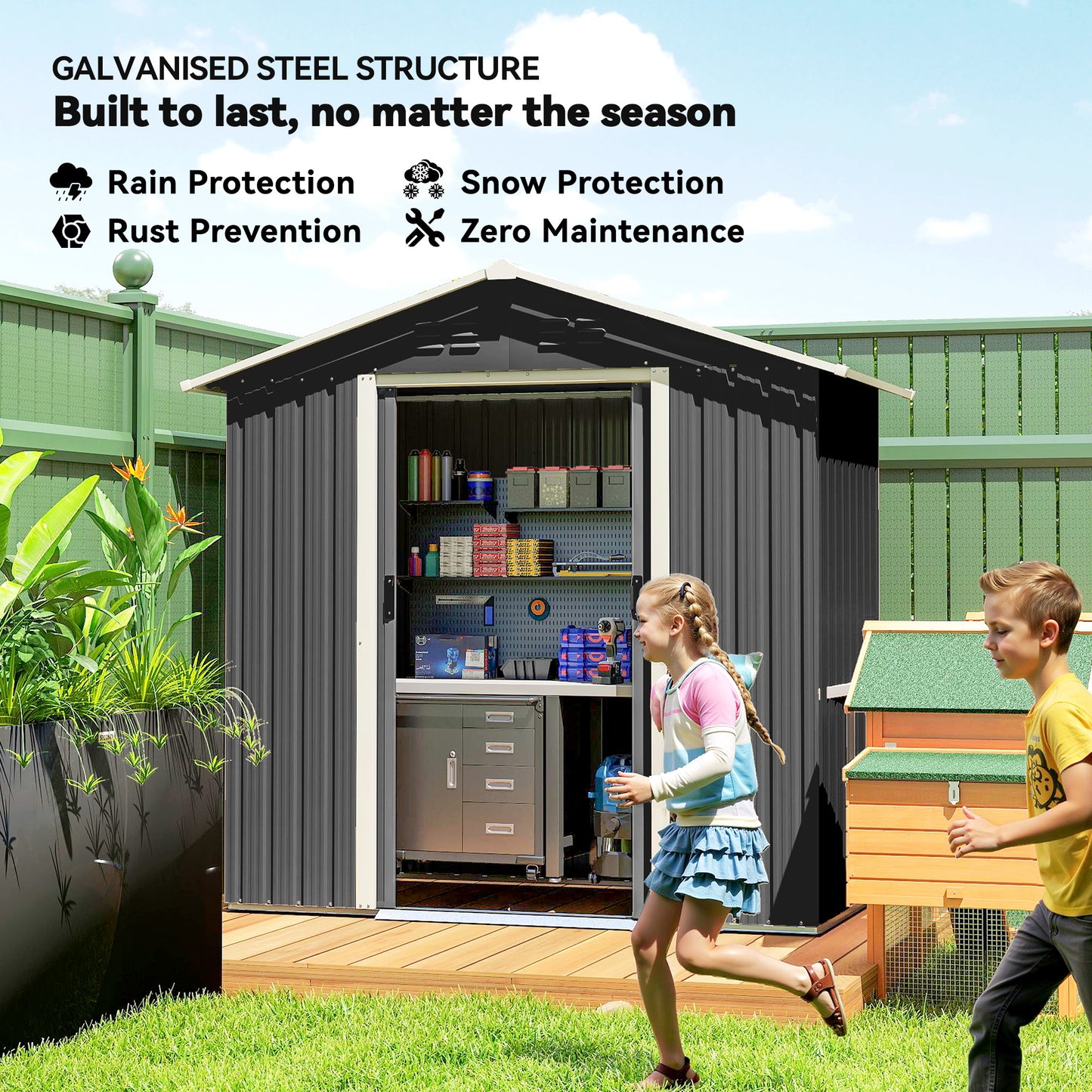 Galvanised Steel Garden Storage Shed | Double Sliding Lockable Door | 4 Vents | Sloped Roof | Steel Tile Roof & Walls | 194x107x191cm | 1.8m² | Dark Grey