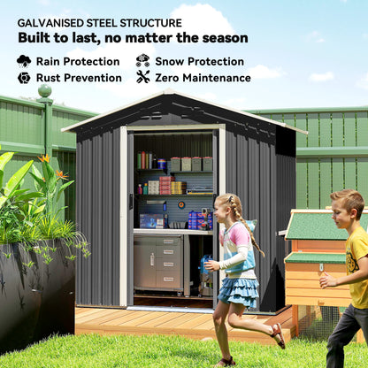 Galvanised Steel Garden Storage Shed | Double Sliding Lockable Door | 4 Vents | Sloped Roof | Steel Tile Roof & Walls | 194x107x191cm | 1.8m² | Dark Grey