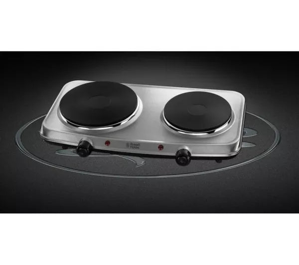 Russell Hobbs 15199 Mini Hob | 2-Plate Tabletop Hob | 1500W & 750W Independent Plates | Variable Heat Control | Neon Indicator | Stainless Steel | Portable Camping Holiday