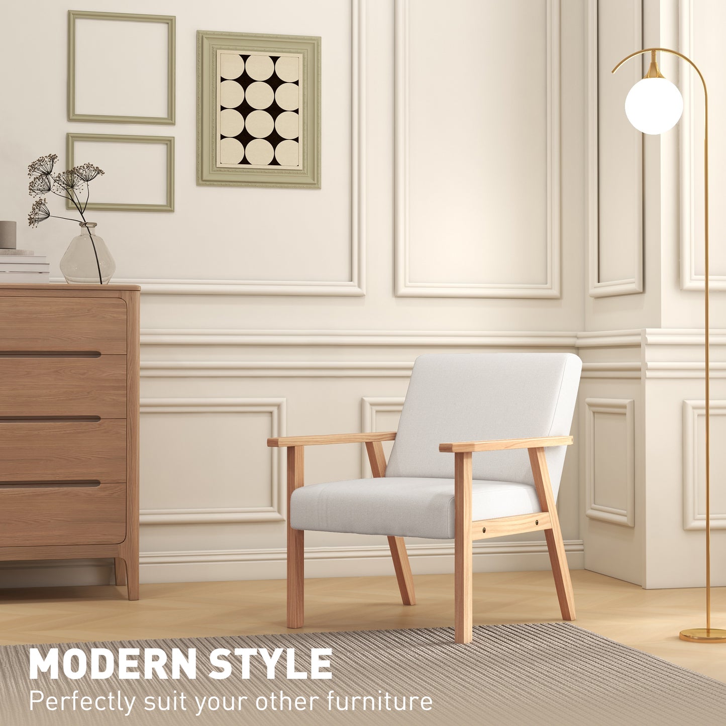 Retro Style Accent Chair Wood Frame with Thick Linen Cushions Wide Seat Armchair Home Furniture Bedroom Office Cream White