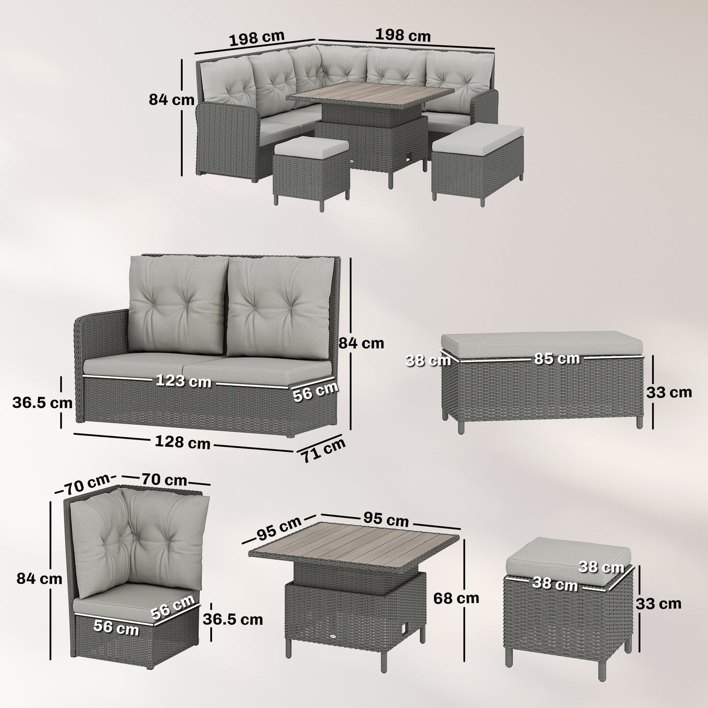 6-Piece PE Rattan Corner Garden Sofa Set | 2 Loveseats | Corner Sofa | 2 Footstools | Liftable Coffee Table | Washable Cushions | 120kg | Cream