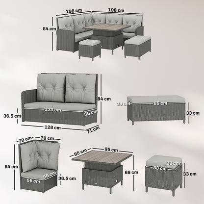 6-Piece PE Rattan Corner Garden Sofa Set | 2 Loveseats | Corner Sofa | 2 Footstools | Liftable Coffee Table | Washable Cushions | 120kg | Cream