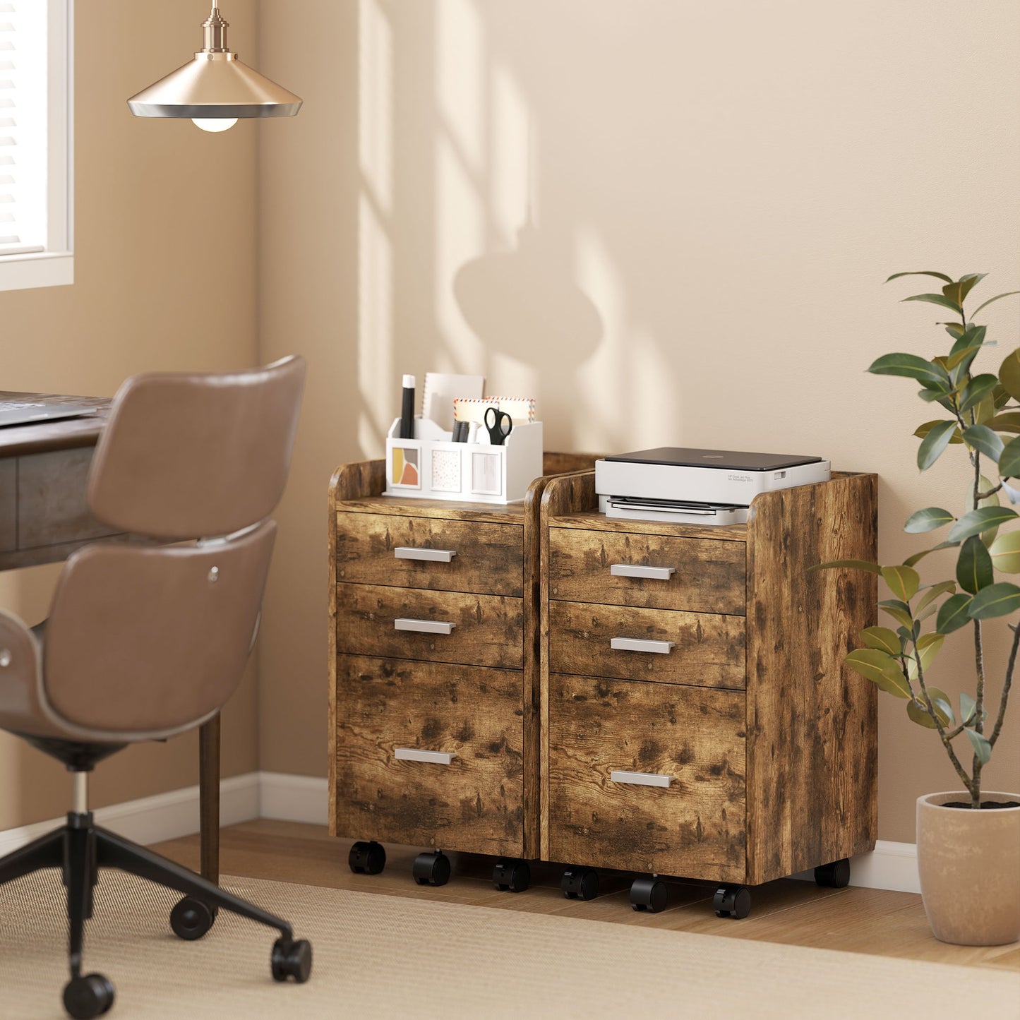 3 Drawer Filing Cabinet, Rolling File Cabinet with Edged Top for Letter, A4 Size, Hanging File Folders, Rustic Brown