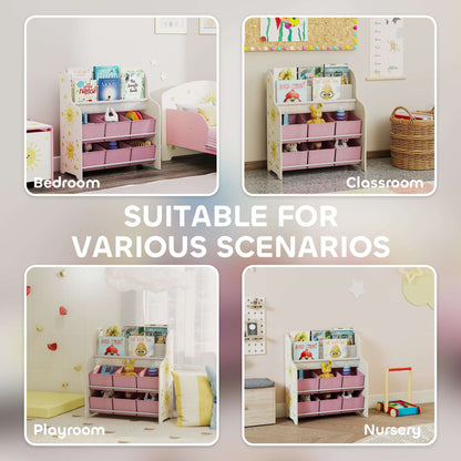AIYAPLAY Kids Storage Unit, Toy Organiser with 6 Fabric Drawers and 2-Tier Sling Book Rack for Bedroom, Playroom, Nursery, Pink