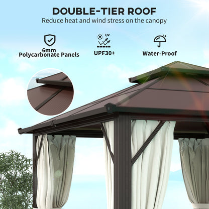 Outsunny 3 x 3(m) Hardtop Gazebo with Double Polycarbonate Roof, Garden Gazebo Permanent Pavilion with Mosquito Netting and Curtains for Patio, Deck, Beige