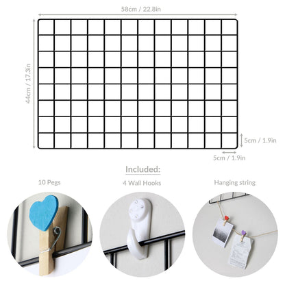 Pukkr Black Wire Grid Photo Wall Panels | Pack of 2 | 58 × 44cm Steel Memo Boards with 10 Heart Pegs & Hooks