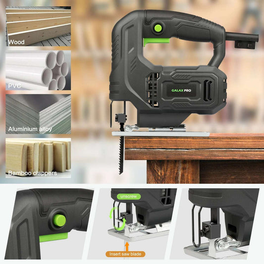 GALAX PRO Jig Saw 400W Powerful Motor 3000 RPM Electric Saber Saw Tool Adjustable ±45° Bevel Cut for DIY Woodworking Carpenter
