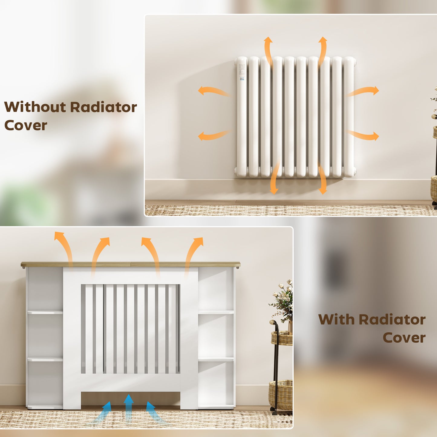 Radiator Cover with Open Storage Shelves, Vertical Slatted Cabinet Shelf Heater Cover for Living Room, Hallway, Medium, White (H: 83 / W: 124 / D: 19 cm)