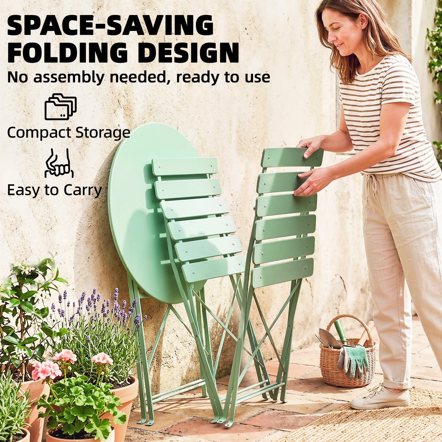 3 Piece Folding Garden Bistro Set | Round Table & 2 Chairs | Electrophoresis Powder Coated | Slatted Seat | No Assembly | 120kg | Light Green