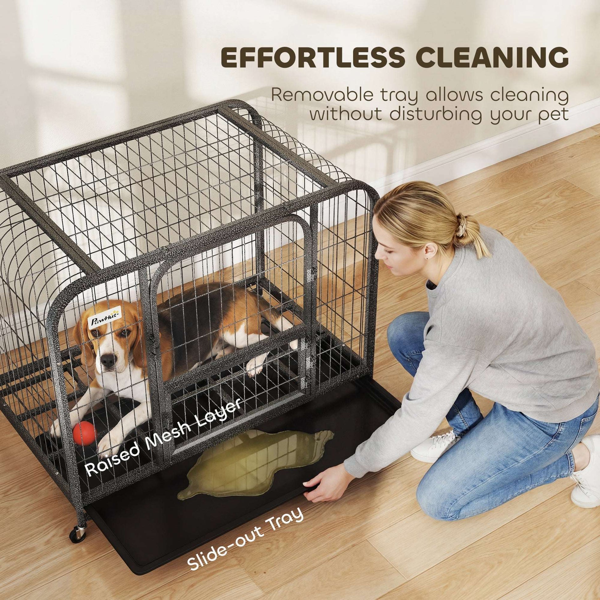 Heavy Duty Dog Crate | 93x58x76cm | 3 Doors | Slide-Out Tray | 4 Wheels | Raised Base | 20kg | Black