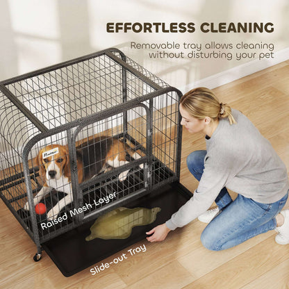 Heavy Duty Dog Crate | 93x58x76cm | 3 Doors | Slide-Out Tray | 4 Wheels | Raised Base | 20kg | Black