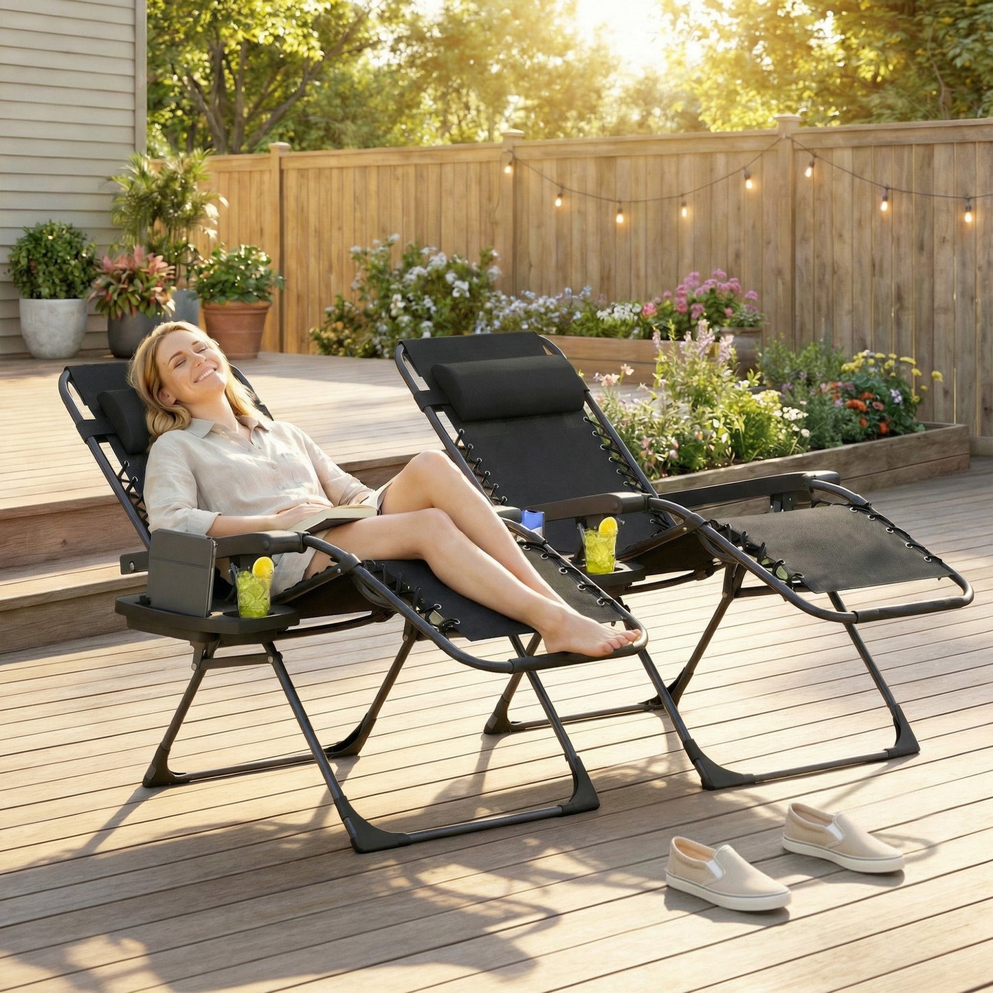 Set of 2 Zero Gravity Folding Sun Loungers | Stepless Recline | Headrest & Side Tray | 120kg | Black