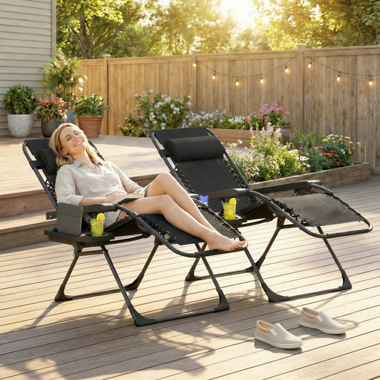 Set of 2 Zero Gravity Folding Sun Loungers | Stepless Recline | Headrest & Side Tray | 120kg | Black
