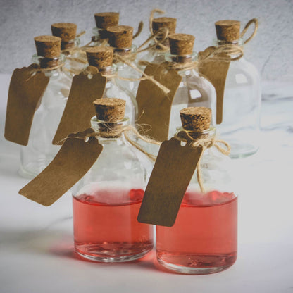 Mini Glass Bottles with Cork Stoppers | Set of 12 | 50ml Each | Decorative Labels & String | 7cm Tall | Wedding Favours Crafts Drinks | Hand Wash Only