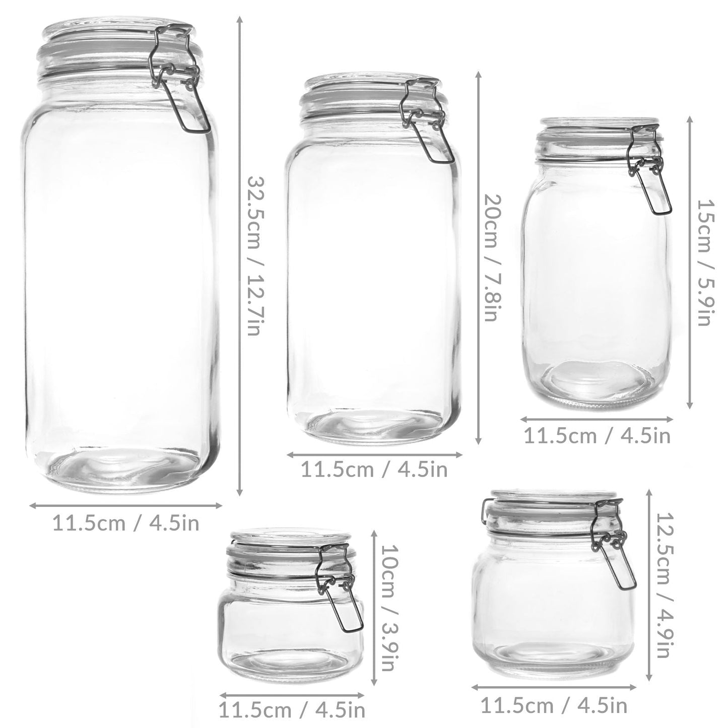 Clip-Top Glass Storage Jars | Assorted Set of 5 | 500ml to 2200ml | Steel Clip & Silicone Seal | Labels & Pen Included | Hand Wash Only | 2-Year Warranty