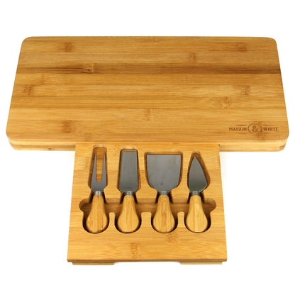 Maison & White Bamboo Cheese Board | 40cm Serving Platter with Hidden Drawer | 3 Cheese Knives & Fork | Charcuterie & Entertaining Set