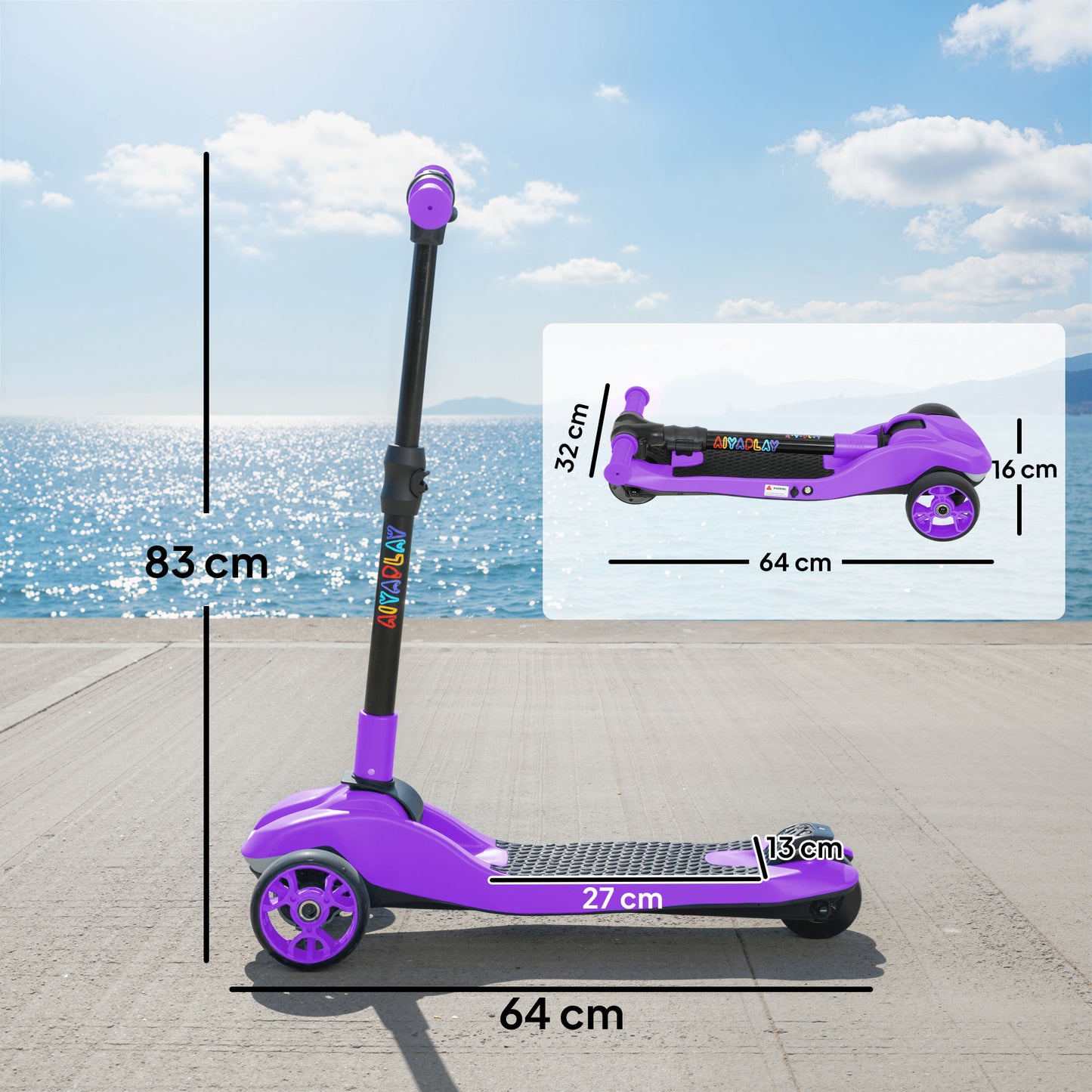 AIYAPLAY Three-Wheel Foldable Electric Scooter for Kids Aged 6-10 Years, Purple / Yellow / Pink / Blue