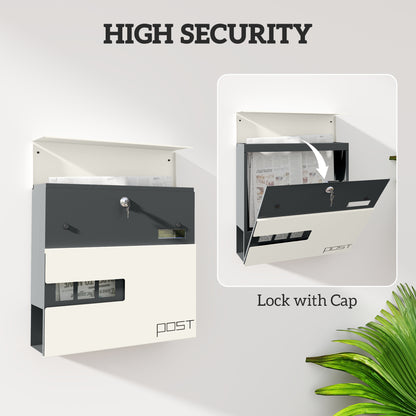 Wall Mounted Post Box with Viewing Window, 2 Lock, Modern Galvanised Steel Mailbox with Copper Core, Weatherproof Letterbox for Outdoor Use