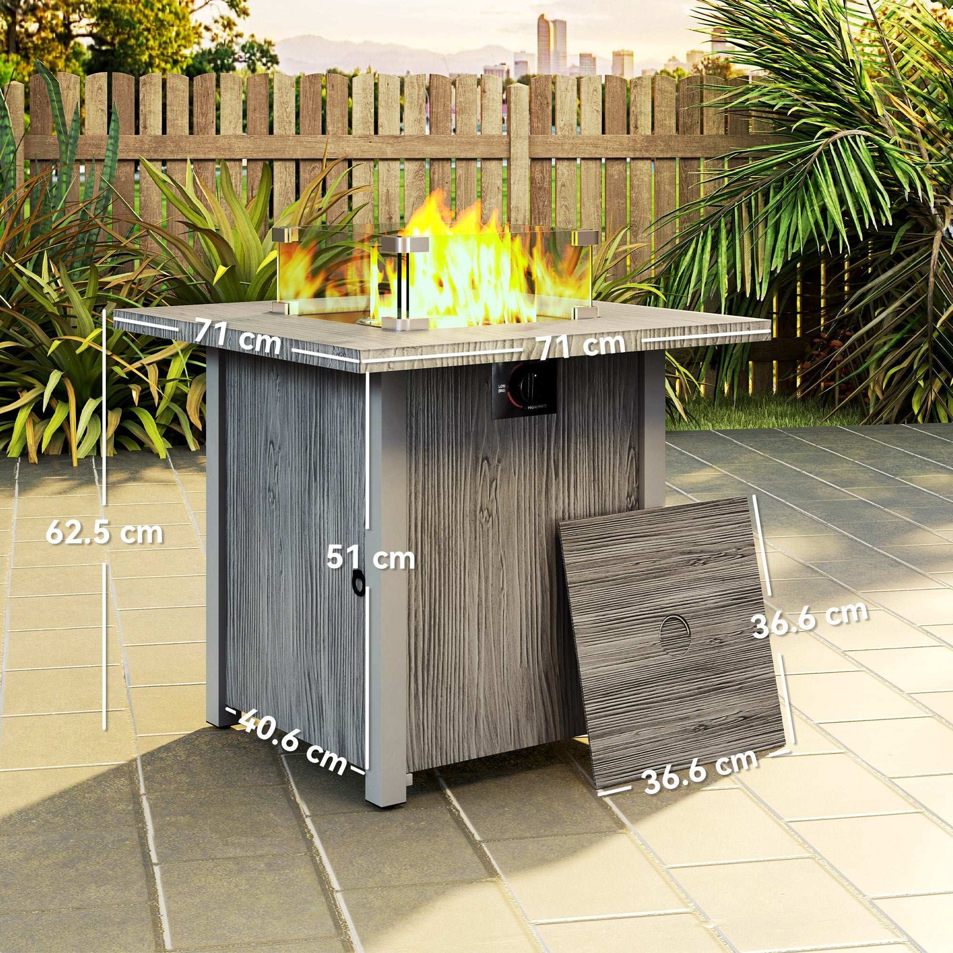 Outsunny 71cm 50,000 BTU Gas Fire Pit Table with Cover and Glass Screen - Dark Grey