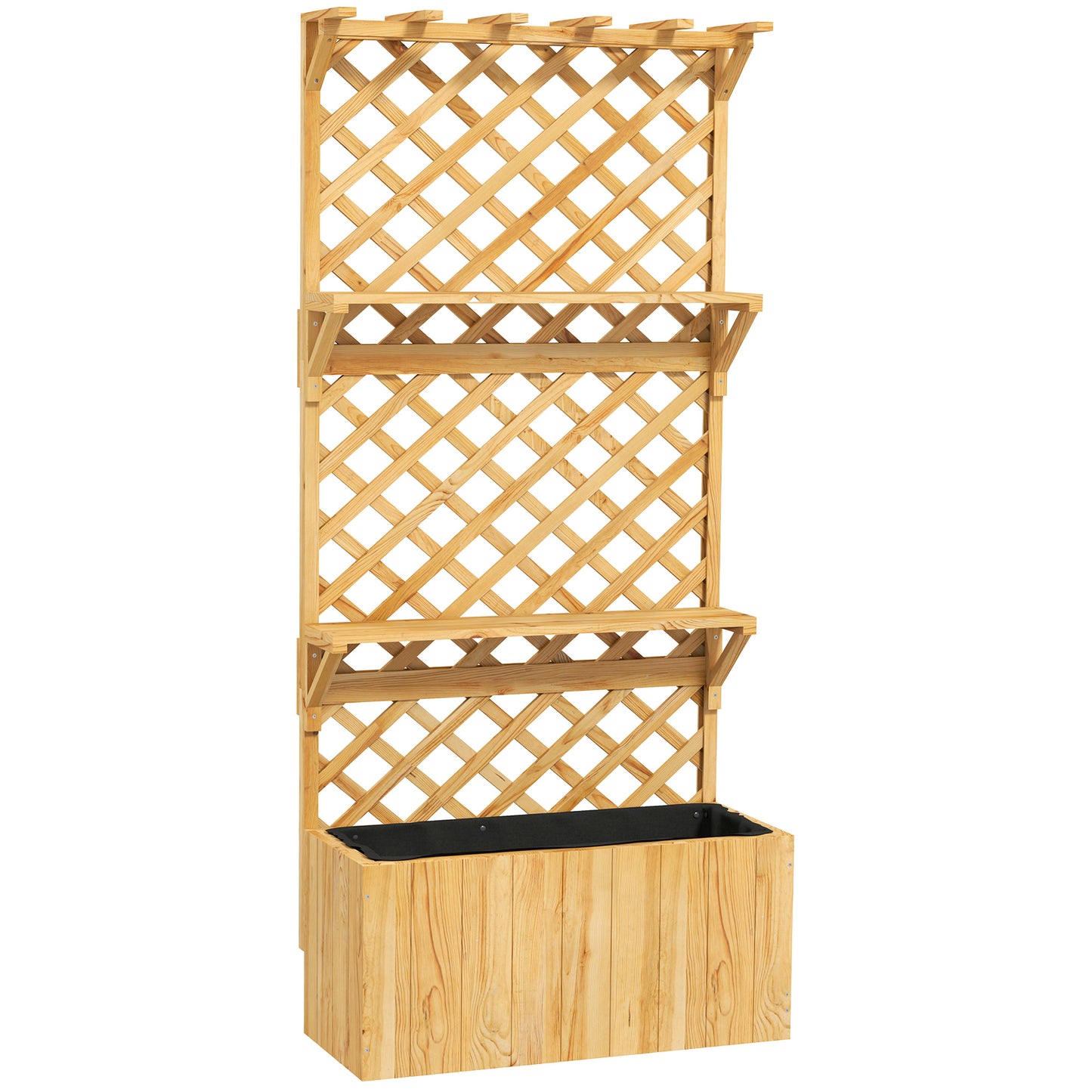 Fir Wood Planter with Tall Trellis Roof & Upper Shelf | 52L | 70x24cm Planting Area | Fabric Liner & Drainage Holes | 50kg | 76x33x177cm | Climbing Plants | Natural Wood Finish