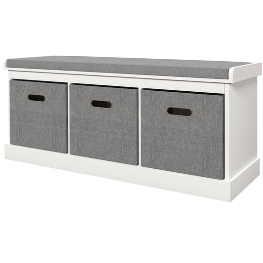 Shoe Bench with Seat, Shoe Storage Bench with Cushion and 3 Fabric Drawers for Entryway, Hallway, Living Room, Bedroom, White