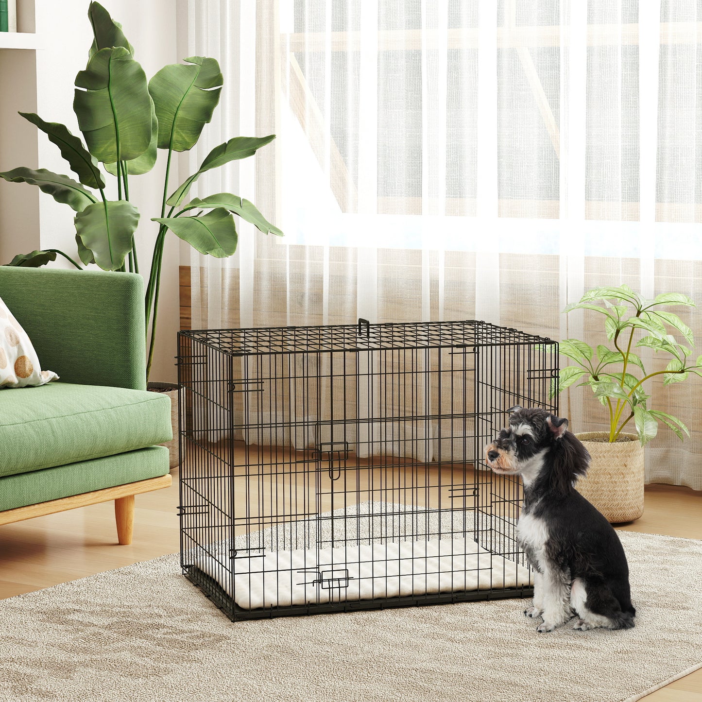 Foldable Dog Crate S | 2 Doors | Soft Washable Cushion | Removable ABS Tray | Small Dogs up to 10kg | 76 x 53 x 60cm | Black