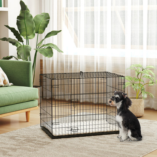 Foldable Dog Crate S | 2 Doors | Soft Washable Cushion | Removable ABS Tray | Small Dogs up to 10kg | 76 x 53 x 60cm | Black