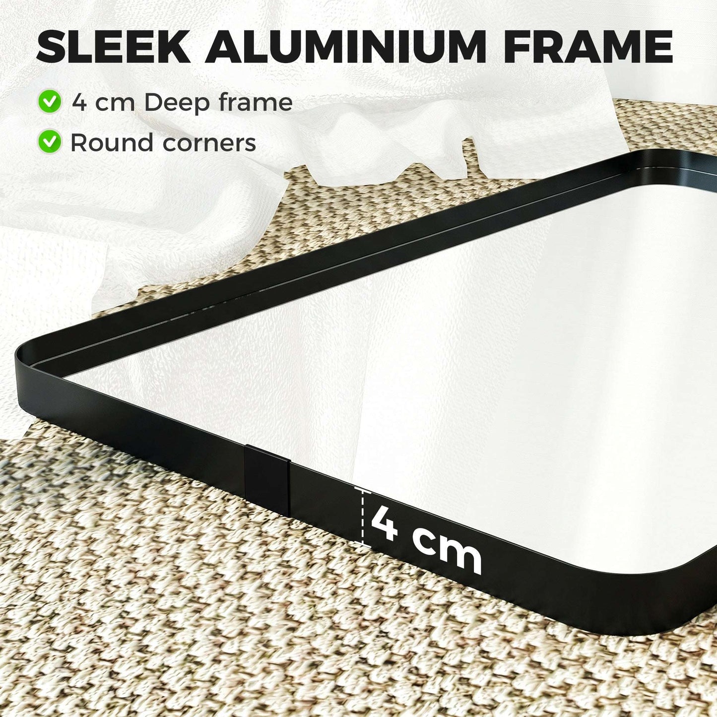 Rectangular Wall Mirror | Shatterproof Tempered Glass | Anodised Aluminium Alloy Frame | 4cm Deep 3D Effect | Soft Rounded Corners | No Assembly | 60x4x90cm | Black