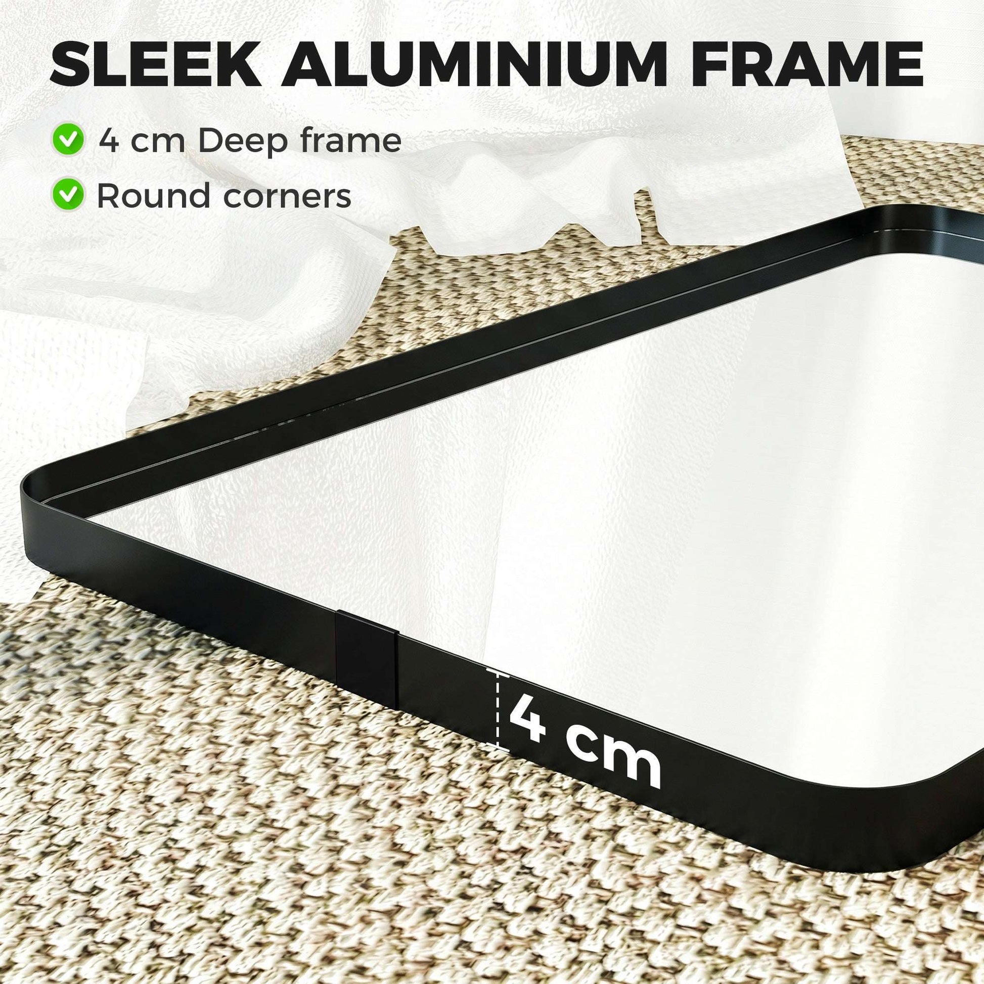 Rectangular Wall Mirror | Shatterproof Tempered Glass | Anodised Aluminium Alloy Frame | 4cm Deep 3D Effect | Soft Rounded Corners | No Assembly | 60x4x90cm | Black