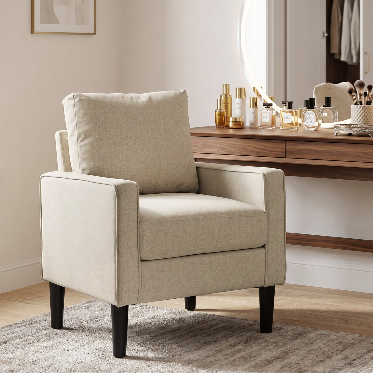 Accent Armchair | Cream, Grey & Green Linen-Look Chair with Spring Seat and Removable Pillow