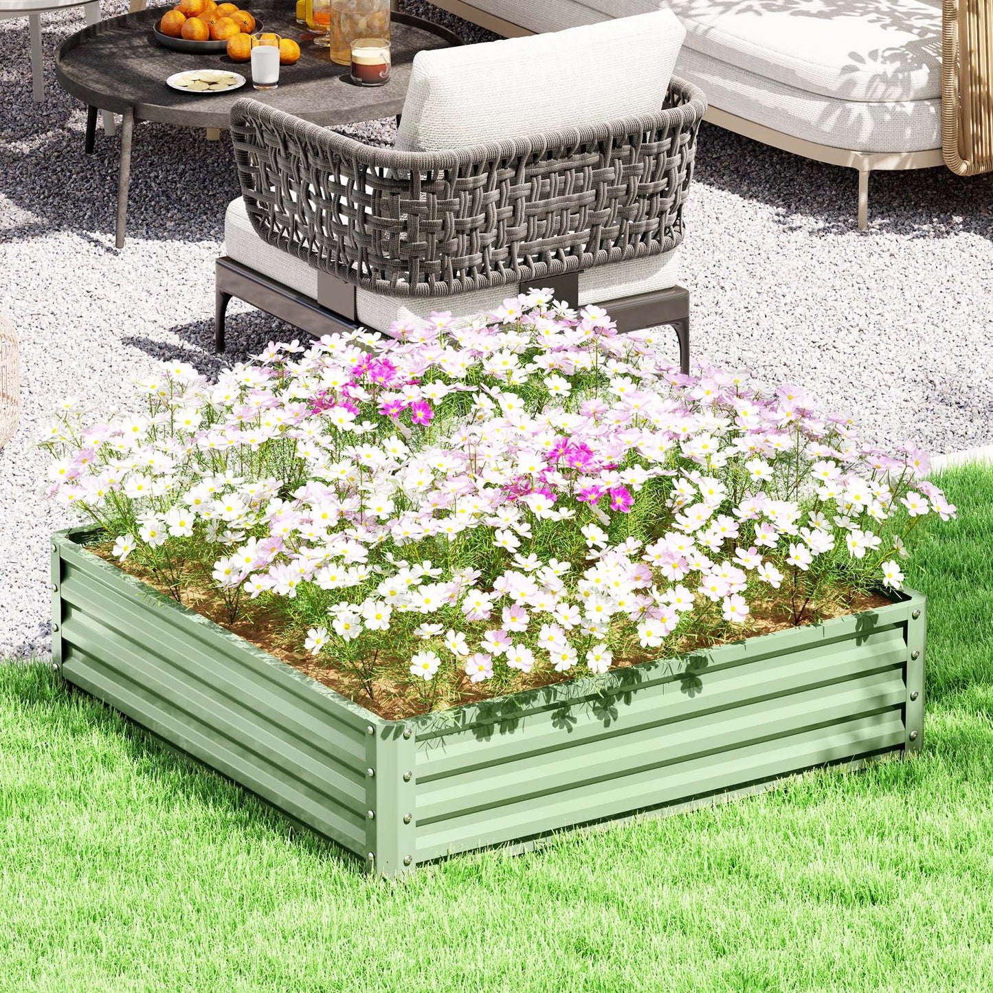 Square Galvanised Steel Raised Garden Bed | 120x120x30cm | Open Base | Slot-Together | Vegetables, Flowers & Herbs | Light Green