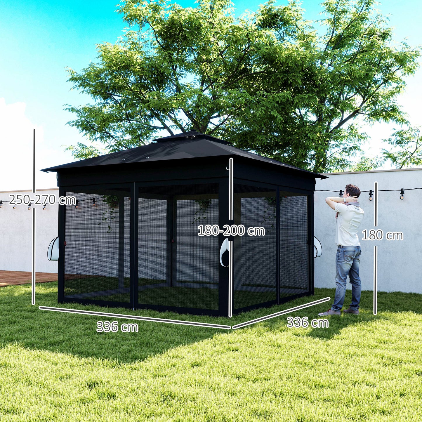 Outsunny 3 x 3(m) Pop Up Gazebo Party Tent with Solar-Powered LED Lights, Adjustable Event Shelter with Netting, Black