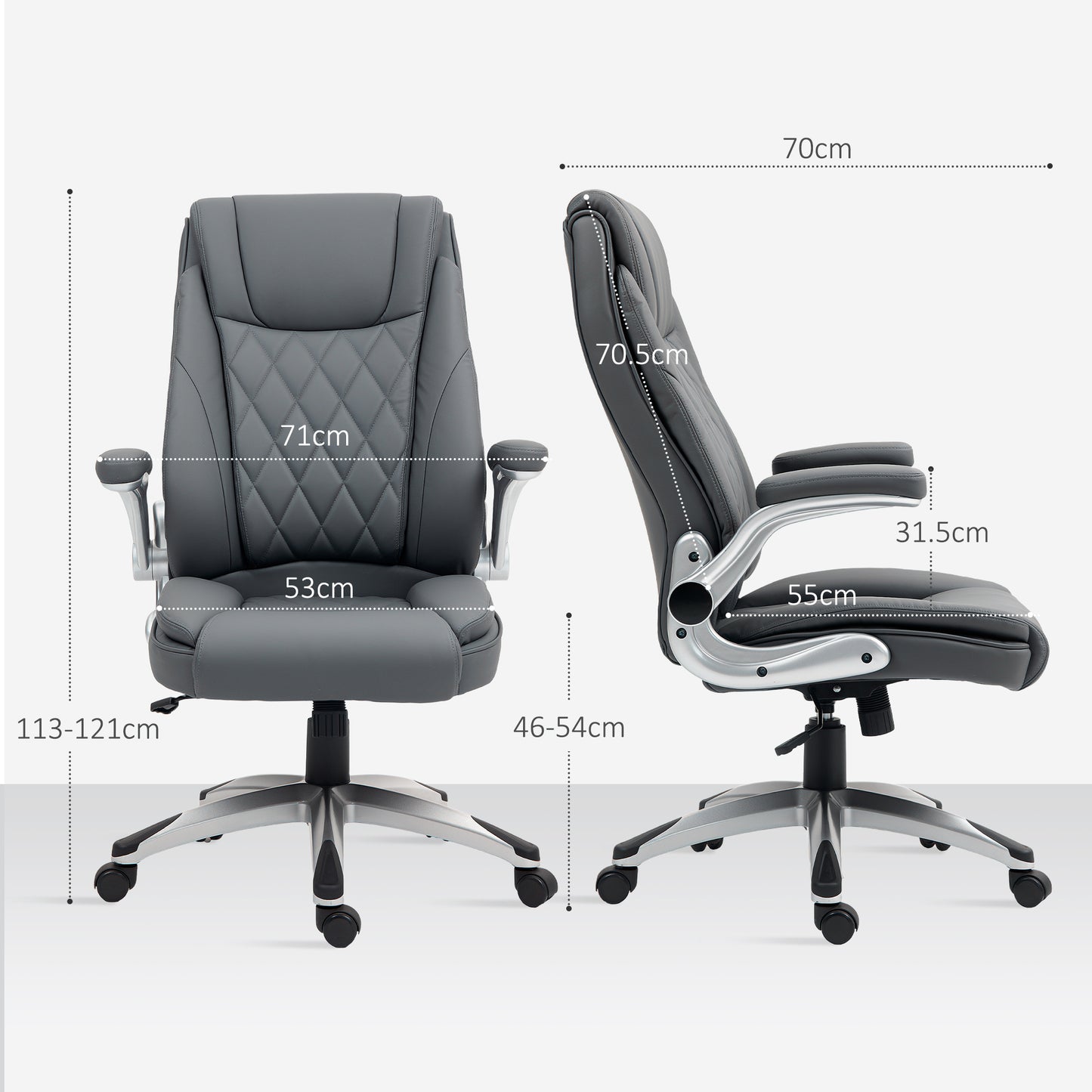 Executive Faux Leather Office Chair | High Back | Headrest | High Arms | Thick Padding | Rocking Function | 360° Swivel | 5 Wheels | Height Adjustable 113-121cm | 135kg | Dark Grey