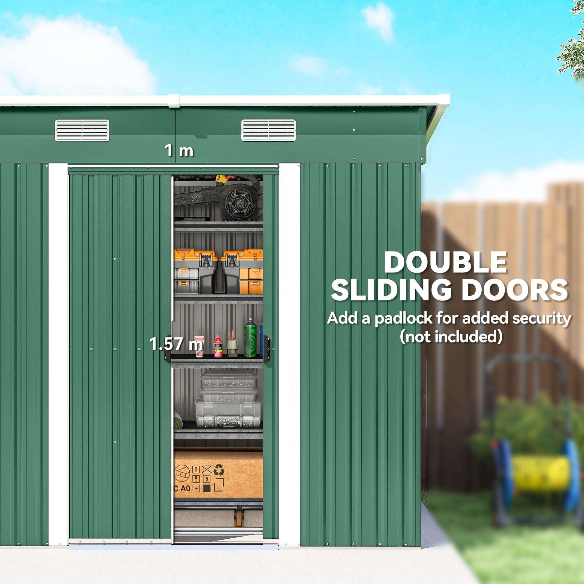 Corrugated Galvanised Steel Garden Storage Shed | Sliding Door | 2 Front Vents | Sloped Roof | Foundation Kit | 203x130x182cm | Bikes Tools Logs & Bins | Green