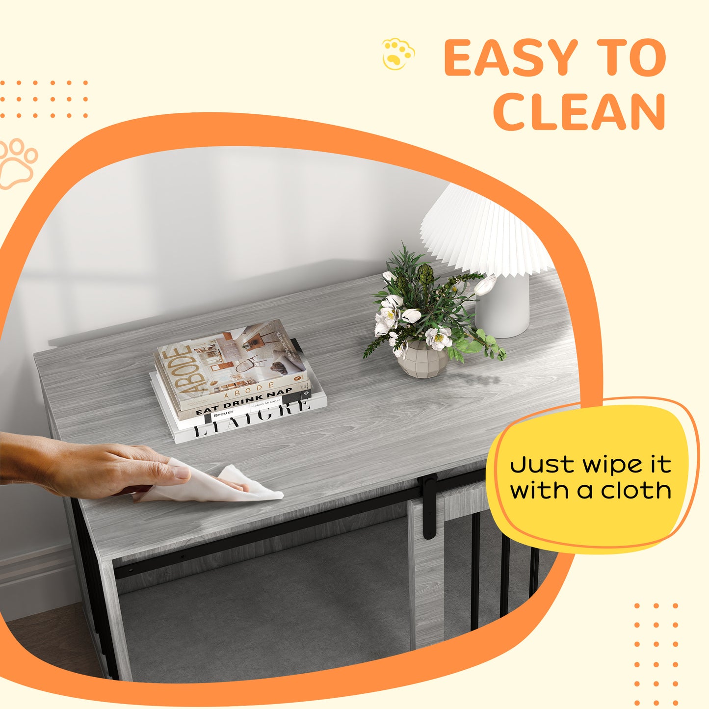 Dog Crate Furniture Side Table | Barn Door | Removable Washable Cushion | 3-Sided Ventilation | Large Dogs up to 30kg | 100 x 60 x 61cm | Grey