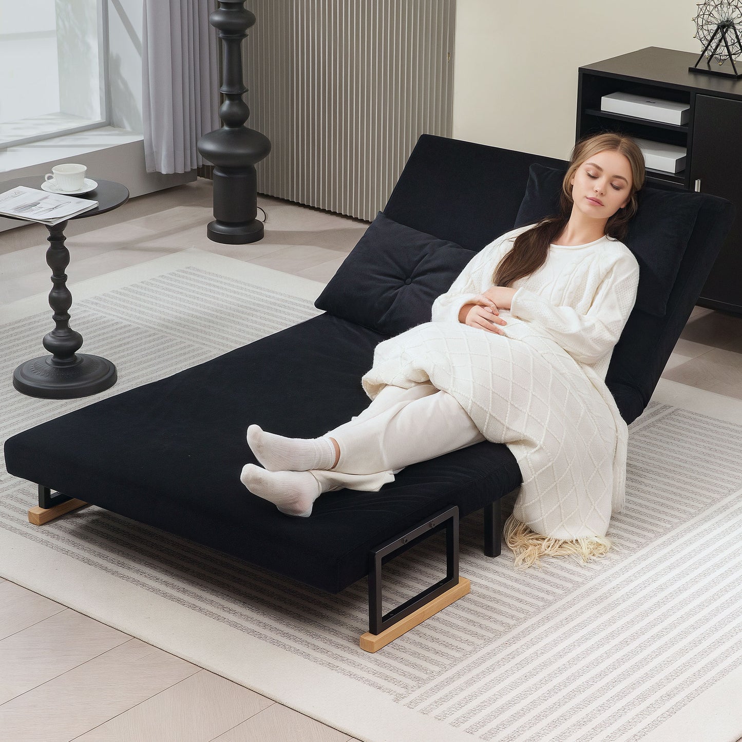 4-in-1 Velvet-Feel Double Sofa Bed, with Pillows - Black