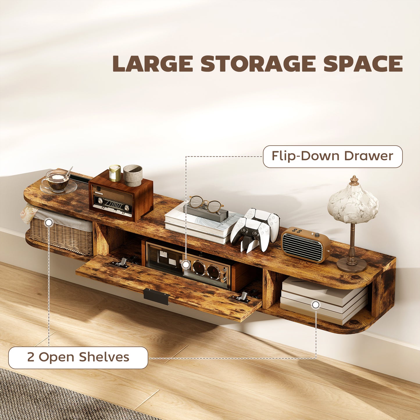 120 cm Floating TV Unit for TVs up to 50 Inch - Rustic Brown