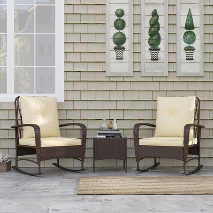 3 Piece Rattan Rocking Chair Bistro Set | 2 High Back Rocking Chairs | Tempered Glass Table | 16cm Back Cushion | 8cm Seat Cushion | 120kg | Brown