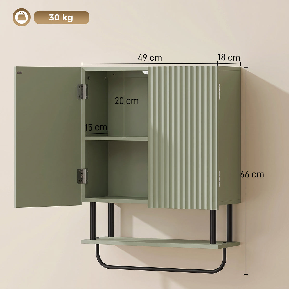 Bathroom Wall Cabinet | Modern Space Saver | Wall Mounted | Double Door Storage | Open Shelf | Towel Rail | Green