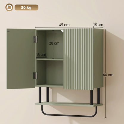 Bathroom Wall Cabinet | Modern Space Saver | Wall Mounted | Double Door Storage | Open Shelf | Towel Rail | Green