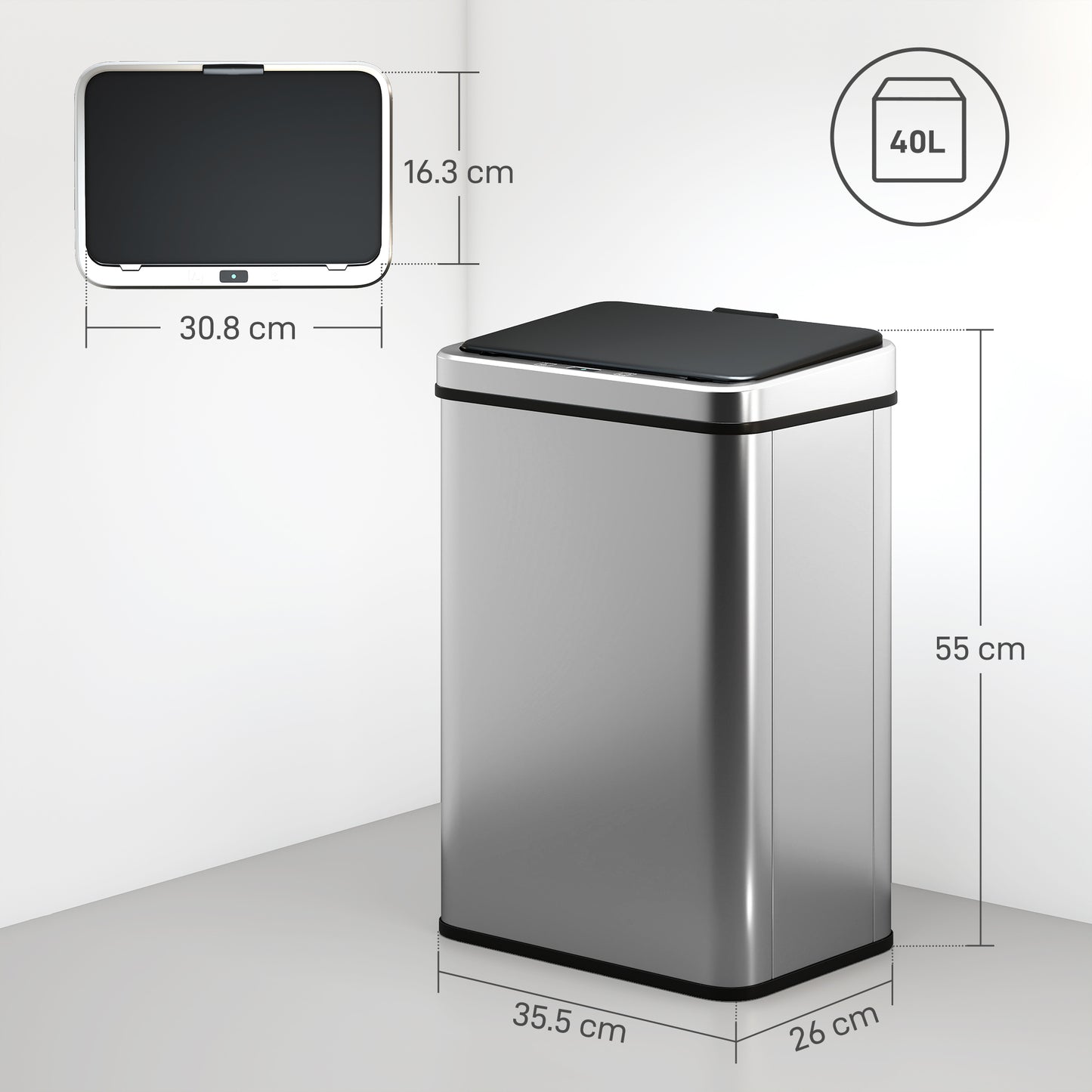 40L Sensor Bin with Quiet Soft-Close Lid, Automatic Touch-less Motion Sensor Kitchen Bin with Fingerprint Resistant Stainless Steel, Silver Tone