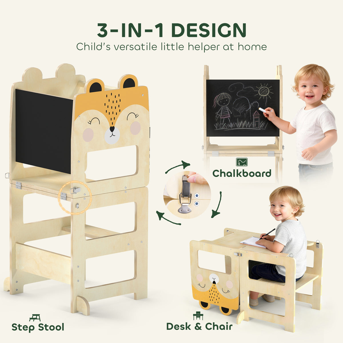 Toddler Learning Tower | Natural 3-in-1 Kitchen Step Stool with Chalkboard & Fox Design